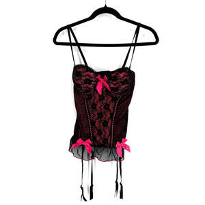 Vintage 90s y2k lingerie 34c black pink lace bows corset vampire romantic sexy